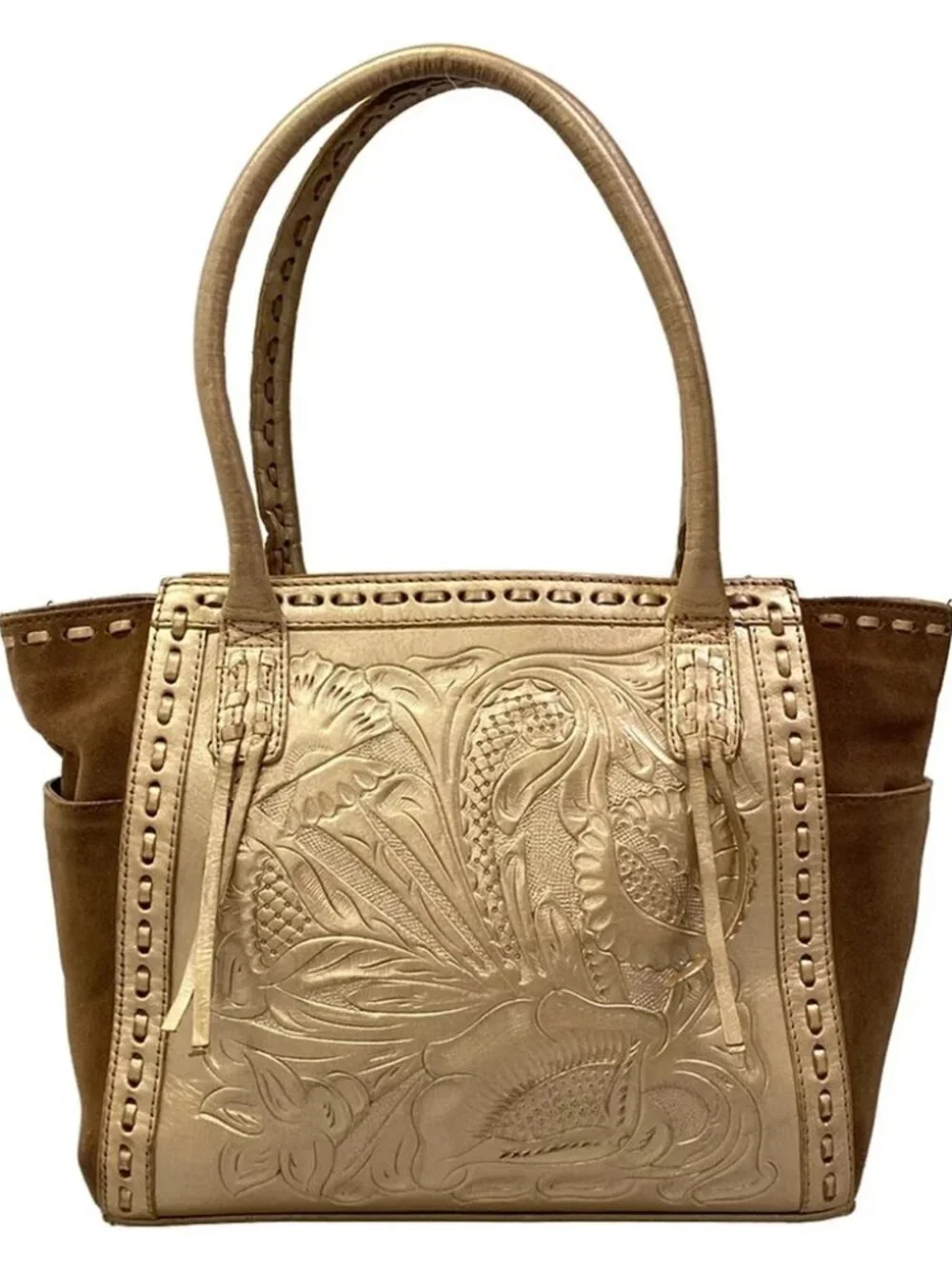 Carving Tribes Gold Brown Leather Suede Tote Bag